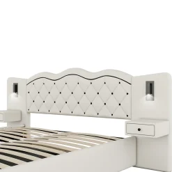 Okwish Lit Coffre 180x200 cm - Lit Double avec Tête de Lit Intégrée et 2 Lampes - Lin - Sans Matelas - Beige* Lit Coffre
