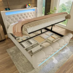Lit Coffre 140x200 cm - Lit Double avec Éclairage LED et Prises USB/Type-C, en Velours Beige - Sans Matelas><noscript><img width=