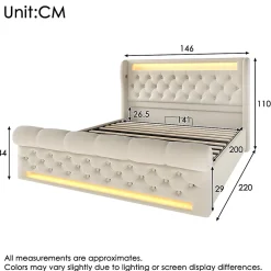 Lit Coffre 140x200 cm - Lit Double avec Éclairage LED et Prises USB/Type-C, en Velours Beige - Sans Matelas><noscript><img width=