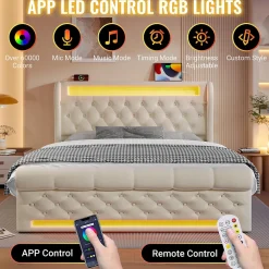 Lit Coffre 140x200 cm - Lit Double avec Éclairage LED et Prises USB/Type-C, en Velours Beige - Sans Matelas><noscript><img width=