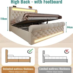 Lit Coffre 140x200 cm - Lit Double avec Éclairage LED et Prises USB/Type-C, en Velours Beige - Sans Matelas><noscript><img width=