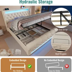 Lit Coffre 140x200 cm - Lit Double avec Éclairage LED et Prises USB/Type-C, en Velours Beige - Sans Matelas><noscript><img width=