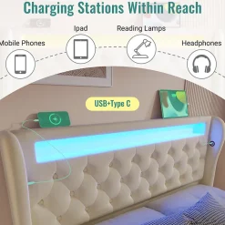 Lit Coffre 140x200 cm - Lit Double avec Éclairage LED et Prises USB/Type-C, en Velours Beige - Sans Matelas><noscript><img width=