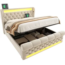 Lit Coffre 140x200 cm - Lit Double avec Éclairage LED et Prises USB/Type-C, en Velours Beige - Sans Matelas><noscript><img width=