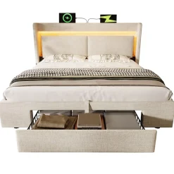 Okwish Lit Coffre 160x200 cm - Lit Double Rembourré avec LED et USB, Niche de Rangement, sans Matelas, en Lin Beige* Lit Coffre