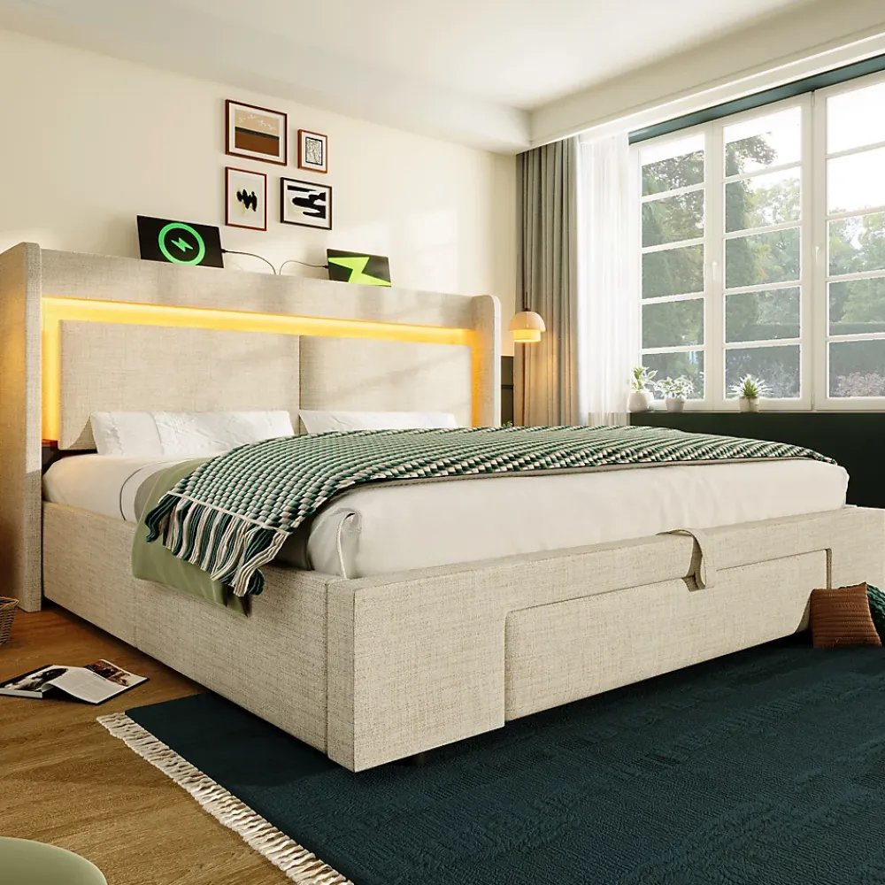 Okwish Lit Coffre 160x200 cm - Lit Double Rembourré avec LED et USB, Niche de Rangement, sans Matelas, en Lin Beige* Lit Coffre