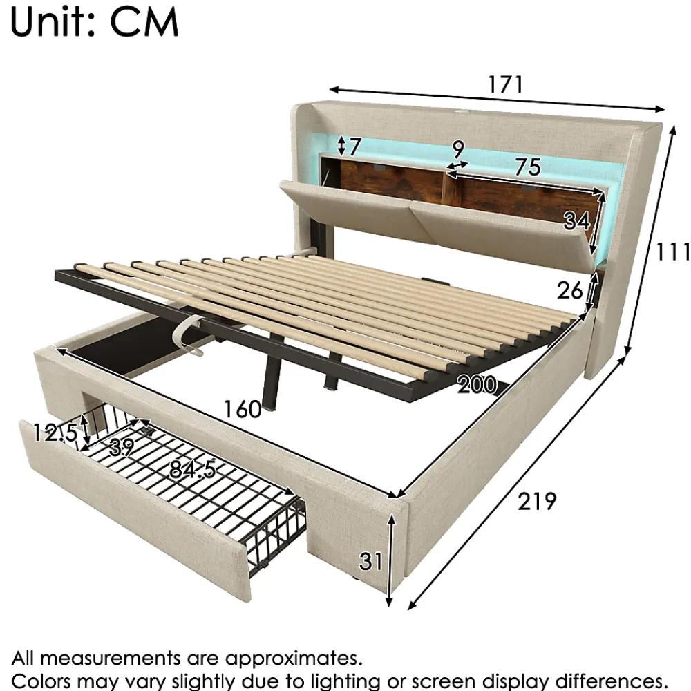 Okwish Lit Coffre 160x200 cm - Lit Double Rembourré avec LED et USB, Niche de Rangement, sans Matelas, en Lin Beige* Lit Coffre