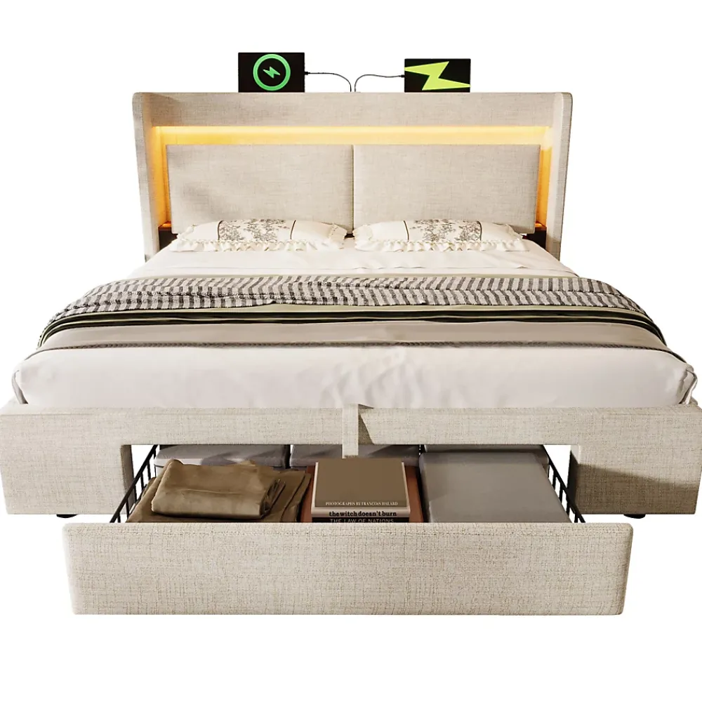 Okwish Lit Coffre 160x200 cm - Lit Double Rembourré avec LED et USB, Niche de Rangement, sans Matelas, en Lin Beige* Lit Coffre