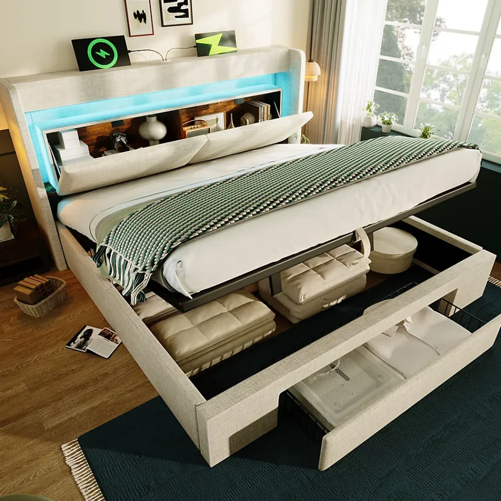 Okwish Lit Coffre 160x200 cm - Lit Double Rembourré avec LED et USB, Niche de Rangement, sans Matelas, en Lin Beige* Lit Coffre