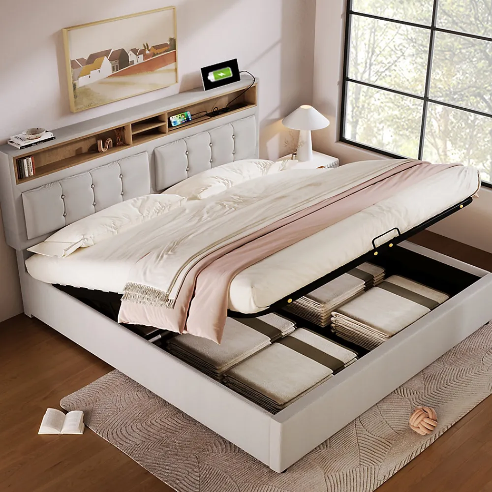 Lit coffre 160x200 cm - Lit double rembourré - Bois massif - Sans Matelas - Beige>Okwish Best