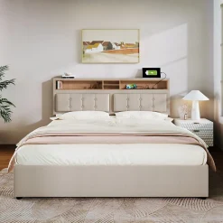 Lit coffre 160x200 cm - Lit double rembourré - Bois massif - Sans Matelas - Beige><noscript><img width=