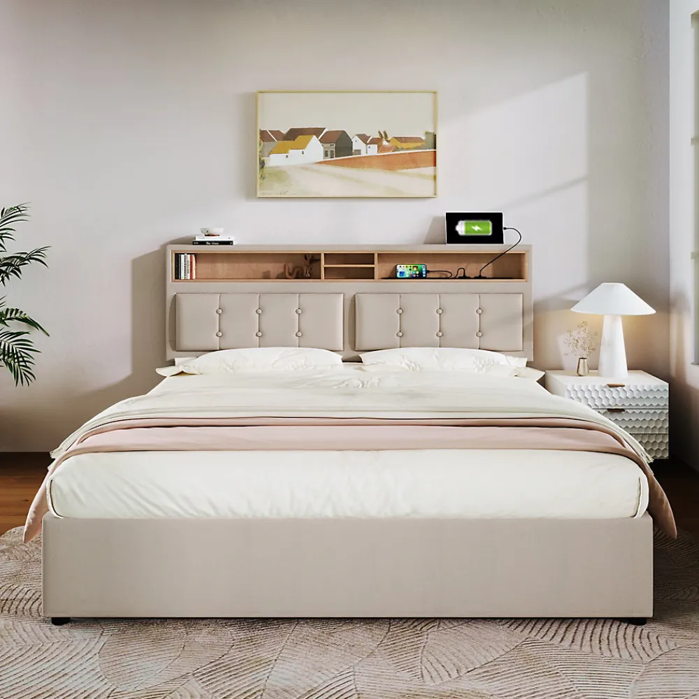 Lit coffre 160x200 cm - Lit double rembourré - Bois massif - Sans Matelas - Beige>Okwish Best