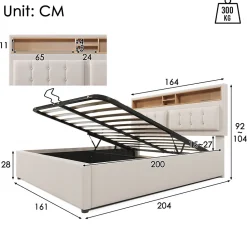Lit coffre 160x200 cm - Lit double rembourré - Bois massif - Sans Matelas - Beige><noscript><img width=