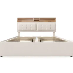 Lit coffre 160x200 cm - Lit double rembourré - Bois massif - Sans Matelas - Beige><noscript><img width=