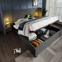 Lit coffre 180x200 cm - Lit double capitonné avec table de chevet et lampe de lecture - Lin - Sans Matelas - Gris>Okwish New