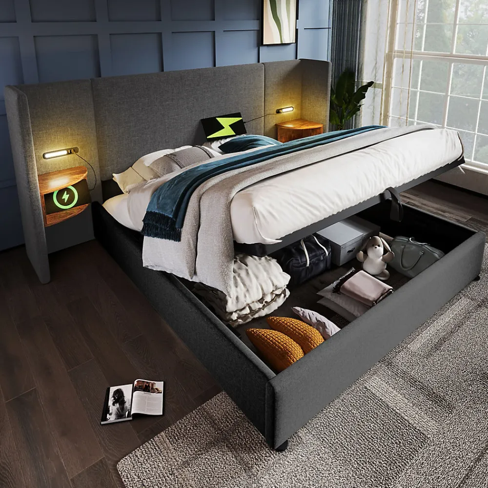 Lit coffre 180x200 cm - Lit double capitonné avec table de chevet et lampe de lecture - Lin - Sans Matelas - Gris>Okwish New