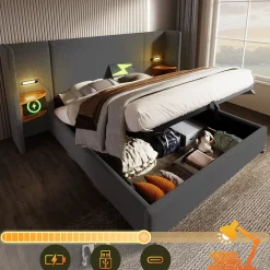 Lit coffre 180x200 cm - Lit double capitonné avec table de chevet et lampe de lecture - Lin - Sans Matelas - Gris>Okwish New