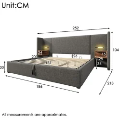 Lit coffre 180x200 cm - Lit double capitonné avec table de chevet et lampe de lecture - Lin - Sans Matelas - Gris><noscript><img width=