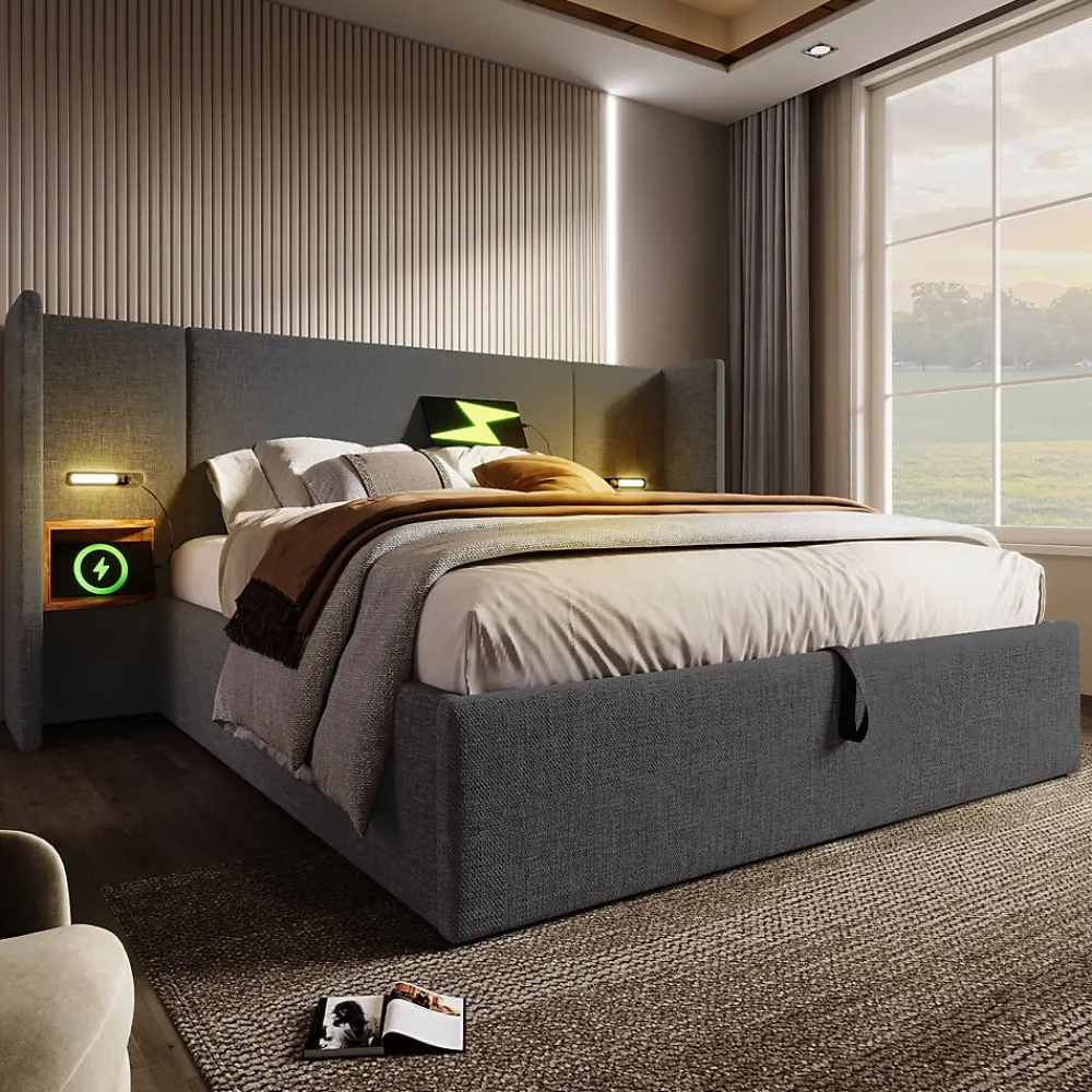 Lit coffre 180x200 cm - Lit double capitonné avec table de chevet et lampe de lecture - Lin - Sans Matelas - Gris>Okwish New