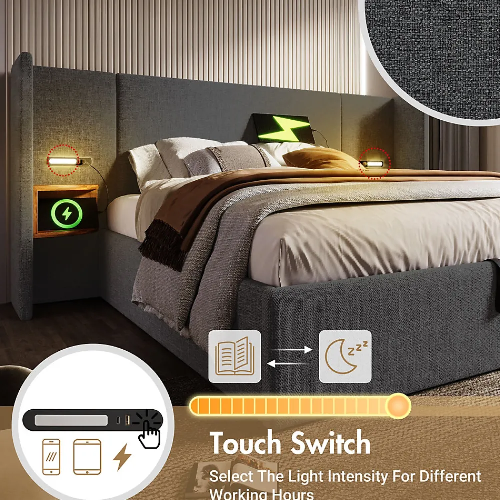 Lit coffre 180x200 cm - Lit double capitonné avec table de chevet et lampe de lecture - Lin - Sans Matelas - Gris>Okwish New