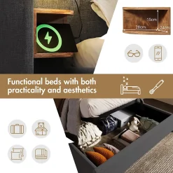 Lit coffre 180x200 cm - Lit double capitonné avec table de chevet et lampe de lecture - Lin - Sans Matelas - Gris><noscript><img width=
