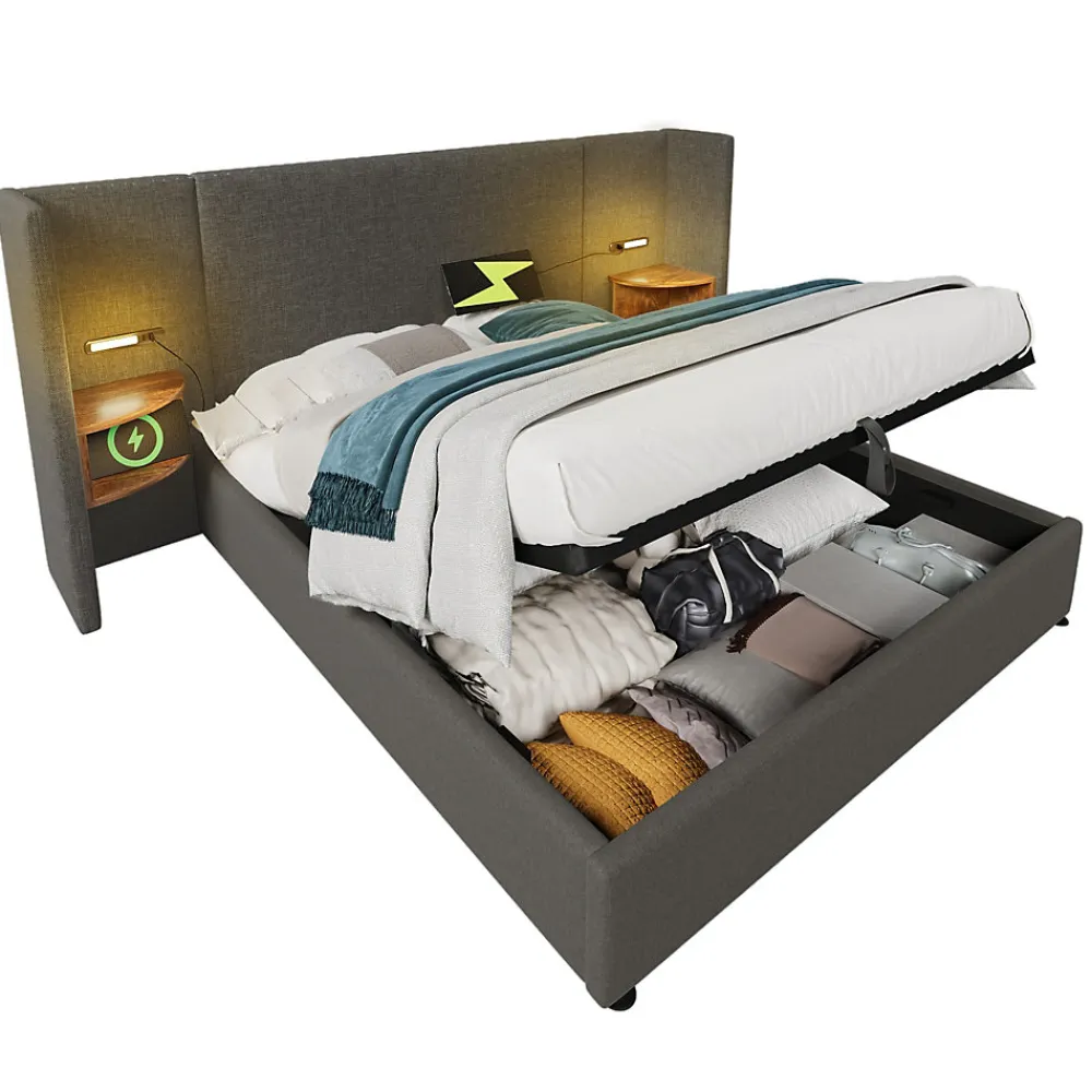 Lit coffre 180x200 cm - Lit double capitonné avec table de chevet et lampe de lecture - Lin - Sans Matelas - Gris>Okwish New