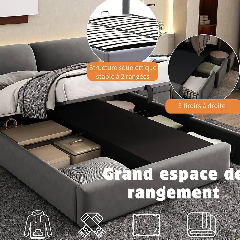 Okwish Lit coffre 140x190 cm - lit double capitonné élégant en velours avec 3 tiroirs et rangement hydraulique - gris - sans matelas* Lit Coffre