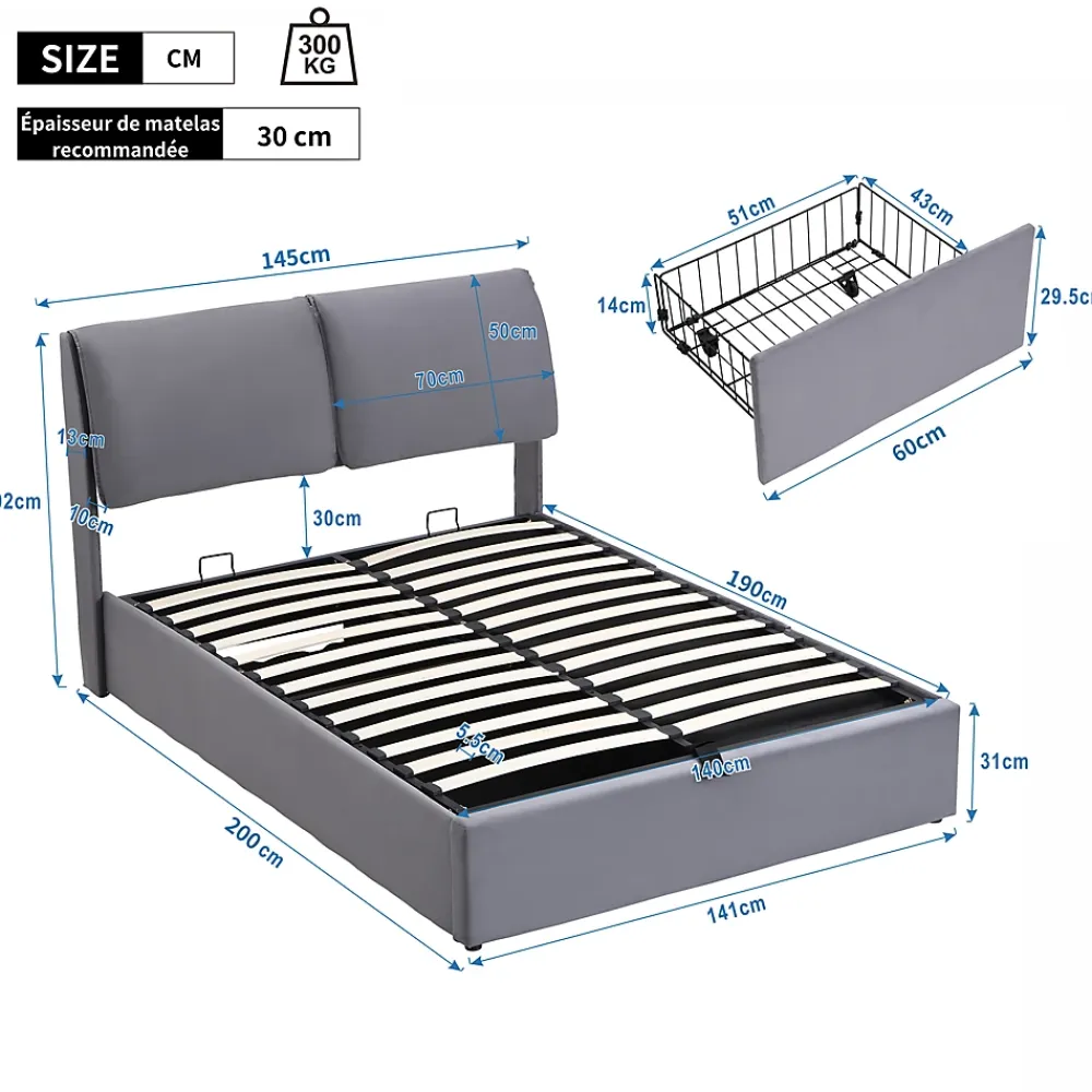 Okwish Lit coffre 140x190 cm - lit double capitonné élégant en velours avec 3 tiroirs et rangement hydraulique - gris - sans matelas* Lit Coffre