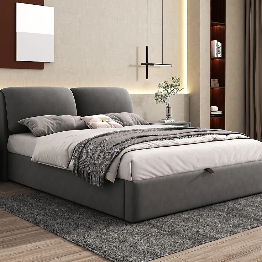 Okwish Lit coffre 140x190 cm - lit double capitonné élégant en velours avec 3 tiroirs et rangement hydraulique - gris - sans matelas* Lit Coffre