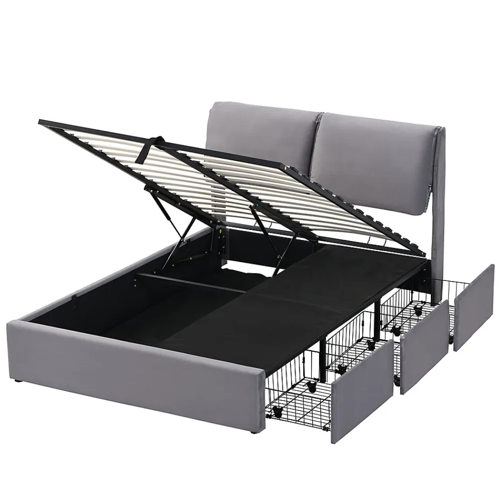 Okwish Lit coffre 140x190 cm - lit double capitonné élégant en velours avec 3 tiroirs et rangement hydraulique - gris - sans matelas* Lit Coffre