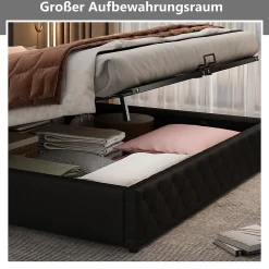 Okwish Lit coffre 140x200 cm - Lit double avec coffre de rangement et éclairage LED - Lit capitonné en cuir PU - Sans matelas - Noir* Lit Coffre