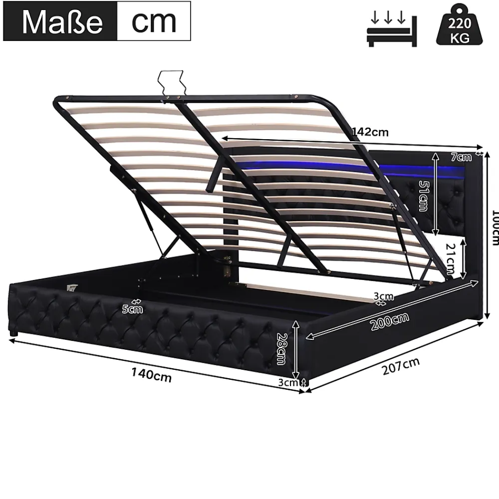 Okwish Lit coffre 140x200 cm - Lit double avec coffre de rangement et éclairage LED - Lit capitonné en cuir PU - Sans matelas - Noir* Lit Coffre