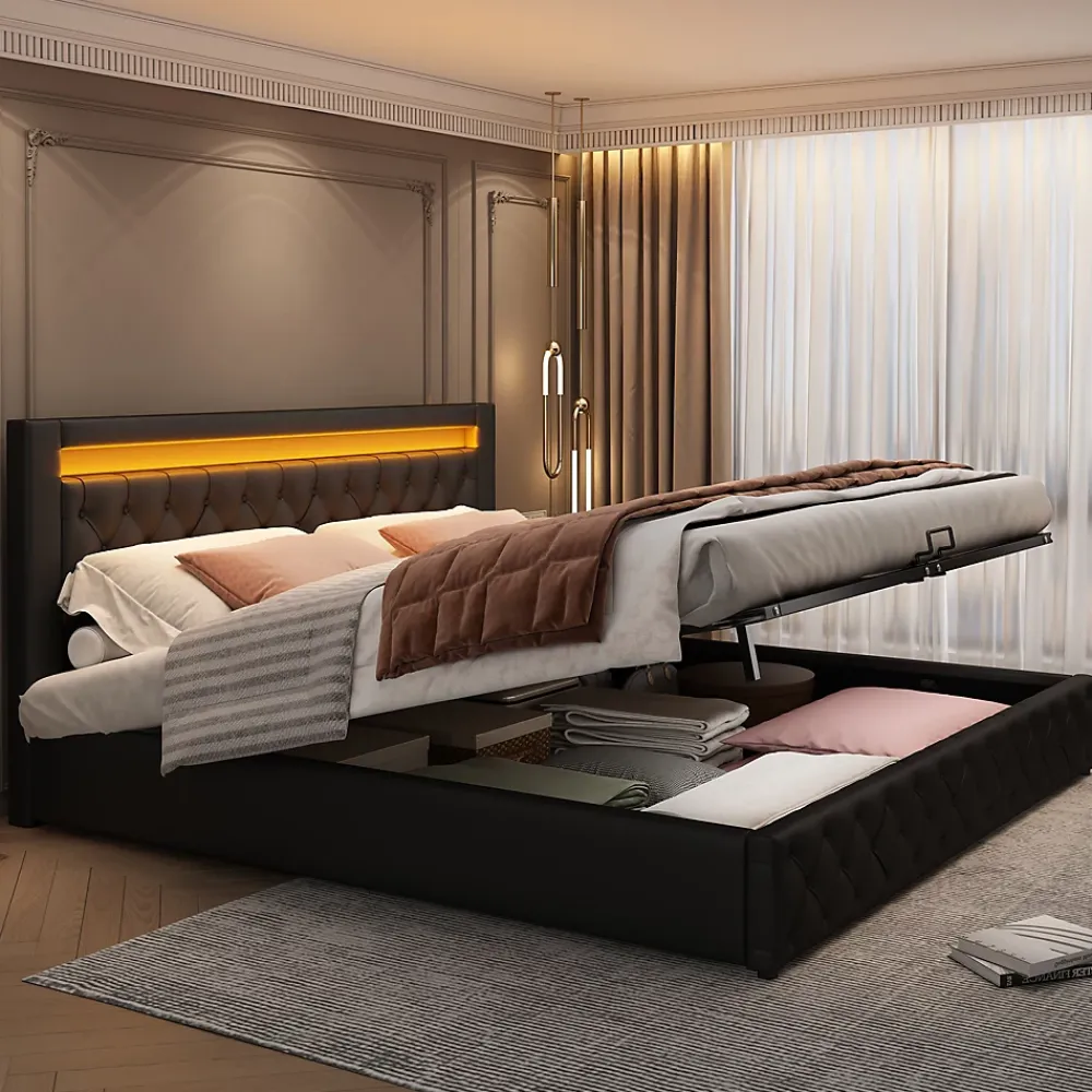 Okwish Lit coffre 140x200 cm - Lit double avec coffre de rangement et éclairage LED - Lit capitonné en cuir PU - Sans matelas - Noir* Lit Coffre