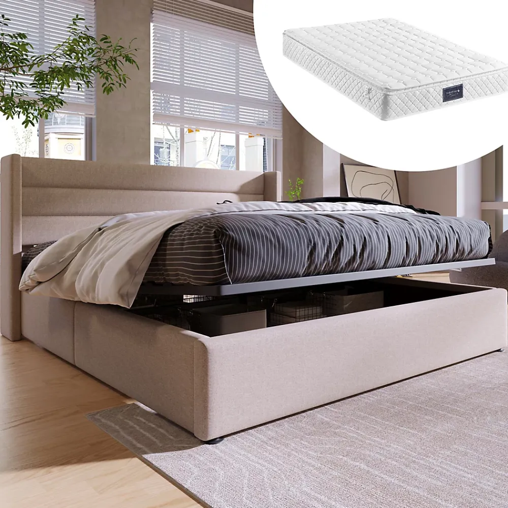 Okwish Lit coffre 160x200 cm - Lit double capitonné avec sommier à lattes - Lin - Matelas Inclus - Beige* Ensemble Sommier Et Matelas