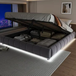Lit Coffre 180x200 cm - Lit Double avec Éclairage LED, design Moderne et Espace de Rangement - Sans Matelas, Velours Gris>Okwish Clearance