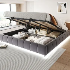 Lit Coffre 180x200 cm - Lit Double avec Éclairage LED, design Moderne et Espace de Rangement - Sans Matelas, Velours Gris><noscript><img width=
