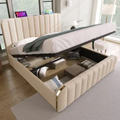 Lit coffre 180x200 cm - Lit double rembourré avec fonction USB Type-C - Lin - Sans Matelas - Beige>Okwish Sale