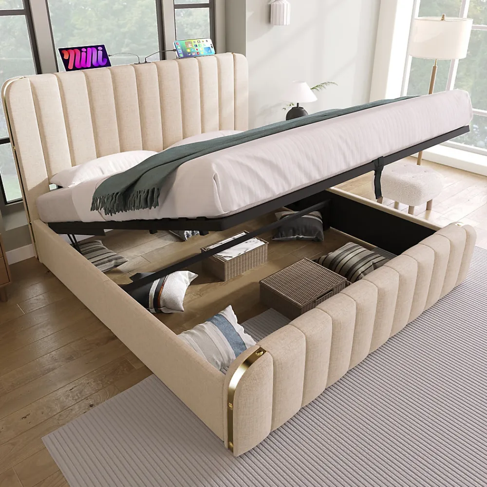 Lit coffre 180x200 cm - Lit double rembourré avec fonction USB Type-C - Lin - Sans Matelas - Beige>Okwish Sale