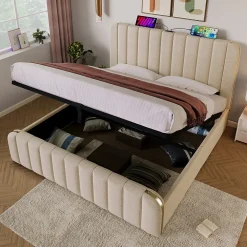 Lit coffre 180x200 cm - Lit double rembourré avec fonction USB Type-C - Lin - Sans Matelas - Beige>Okwish Sale