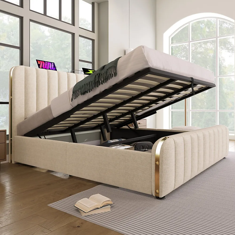 Lit coffre 180x200 cm - Lit double rembourré avec fonction USB Type-C - Lin - Sans Matelas - Beige>Okwish Sale