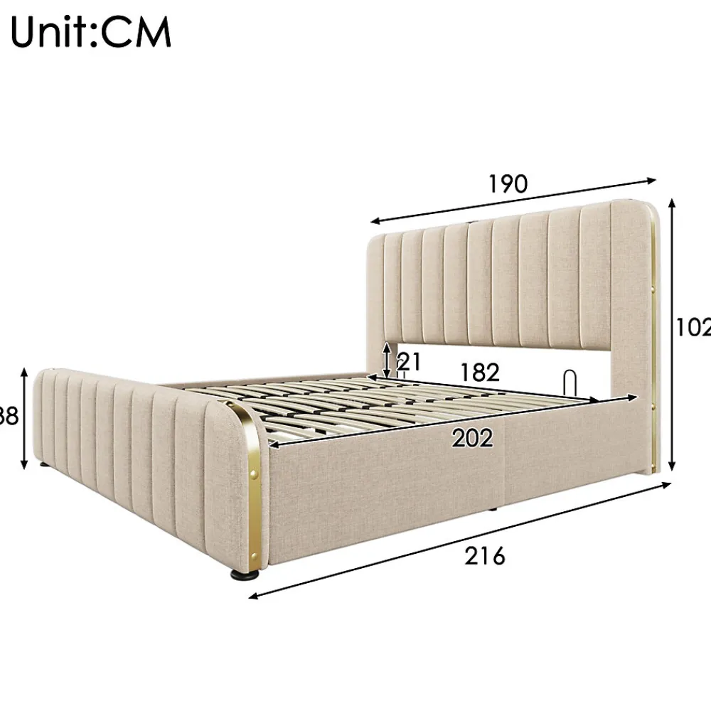 Lit coffre 180x200 cm - Lit double rembourré avec fonction USB Type-C - Lin - Sans Matelas - Beige>Okwish Sale