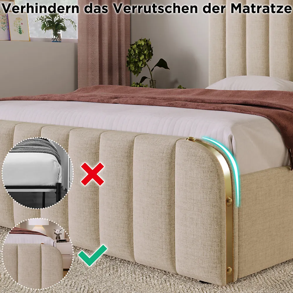 Lit coffre 180x200 cm - Lit double rembourré avec fonction USB Type-C - Lin - Sans Matelas - Beige>Okwish Sale
