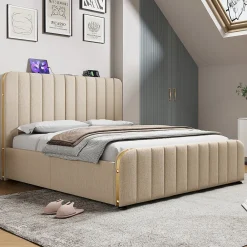 Lit coffre 180x200 cm - Lit double rembourré avec fonction USB Type-C - Lin - Sans Matelas - Beige><noscript><img width=