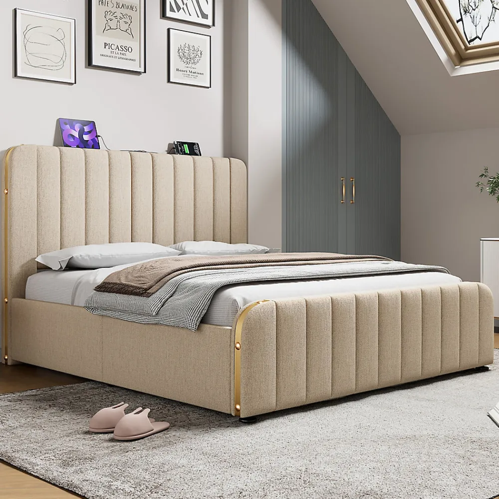 Lit coffre 180x200 cm - Lit double rembourré avec fonction USB Type-C - Lin - Sans Matelas - Beige>Okwish Sale