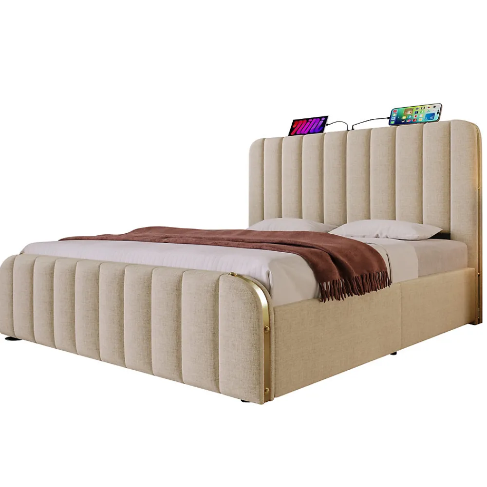 Lit coffre 180x200 cm - Lit double rembourré avec fonction USB Type-C - Lin - Sans Matelas - Beige>Okwish Sale