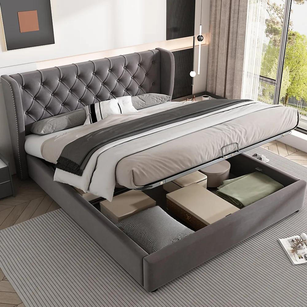 Lit coffre 140x190 cm - Lit double avec sommier à lattes et coffre hydraulique - Capitonné Velours - Sans Matelas - Gris>Okwish Hot