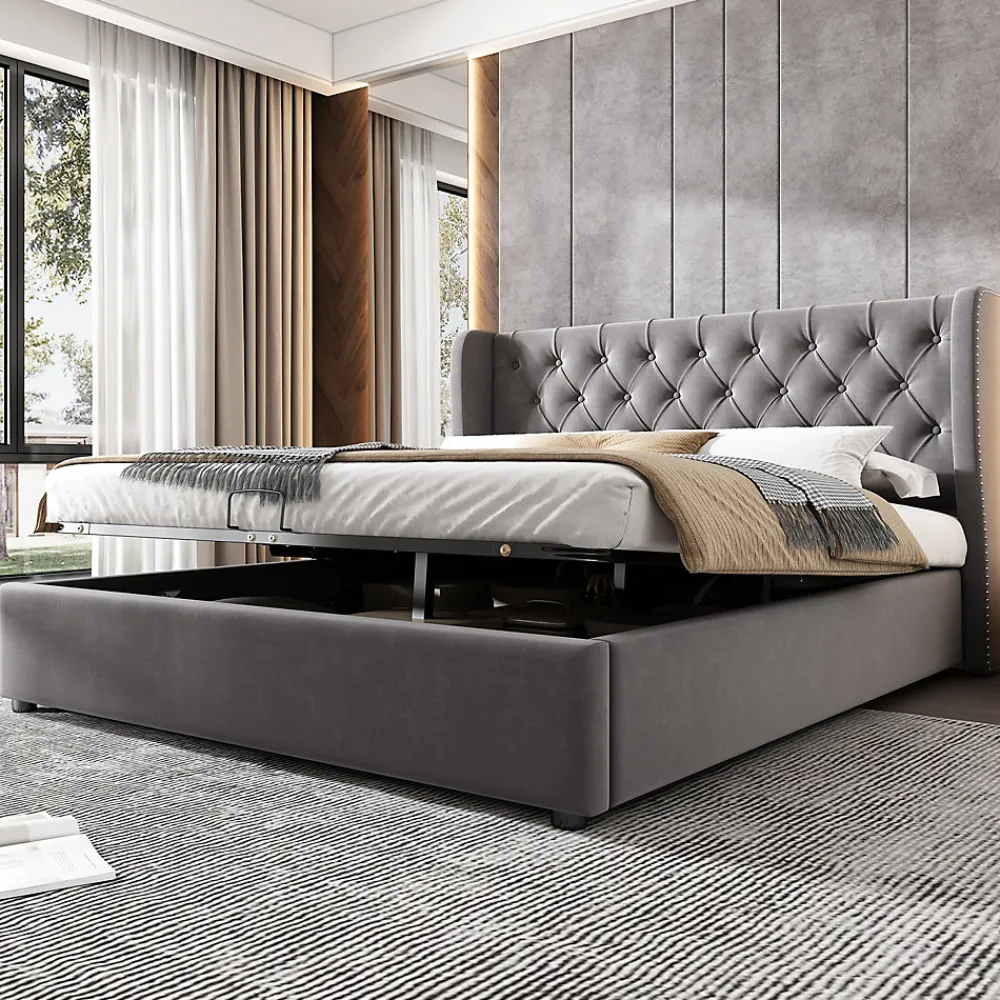 Lit coffre 140x190 cm - Lit double avec sommier à lattes et coffre hydraulique - Capitonné Velours - Sans Matelas - Gris>Okwish Hot