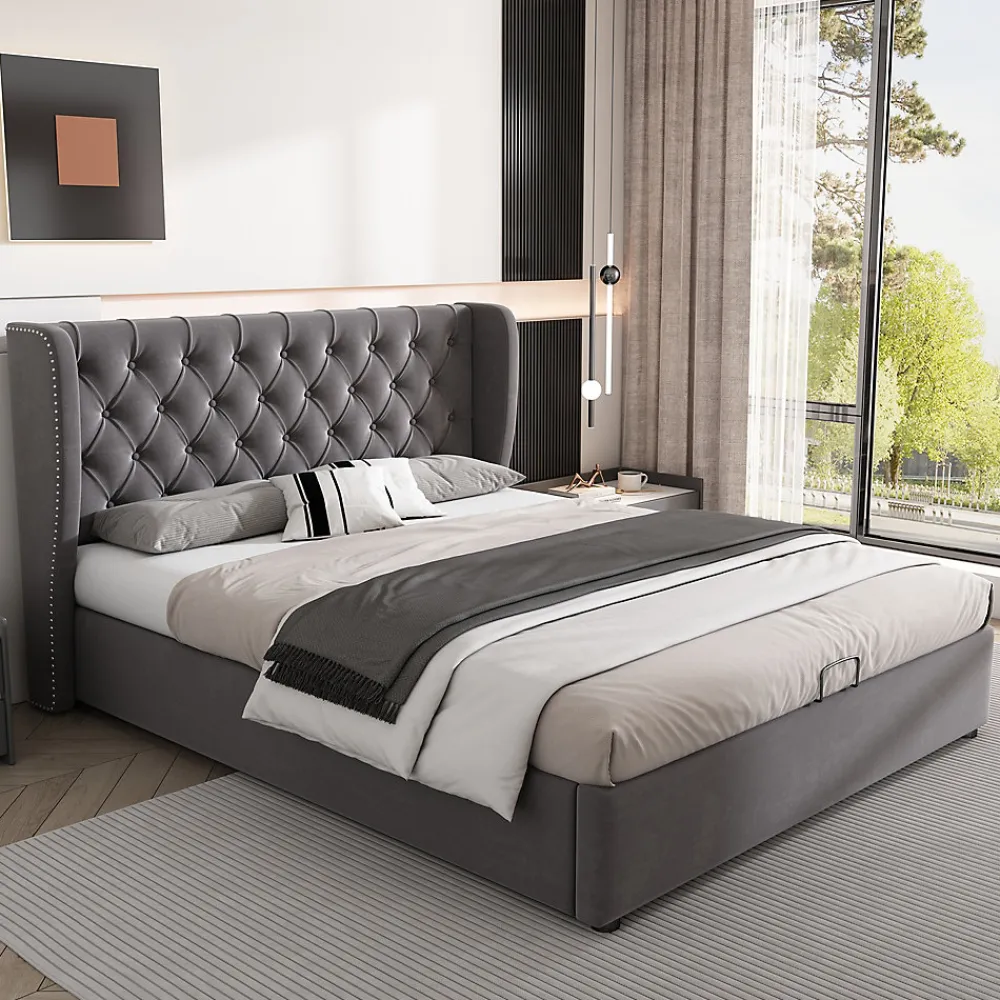 Lit coffre 140x190 cm - Lit double avec sommier à lattes et coffre hydraulique - Capitonné Velours - Sans Matelas - Gris>Okwish Hot