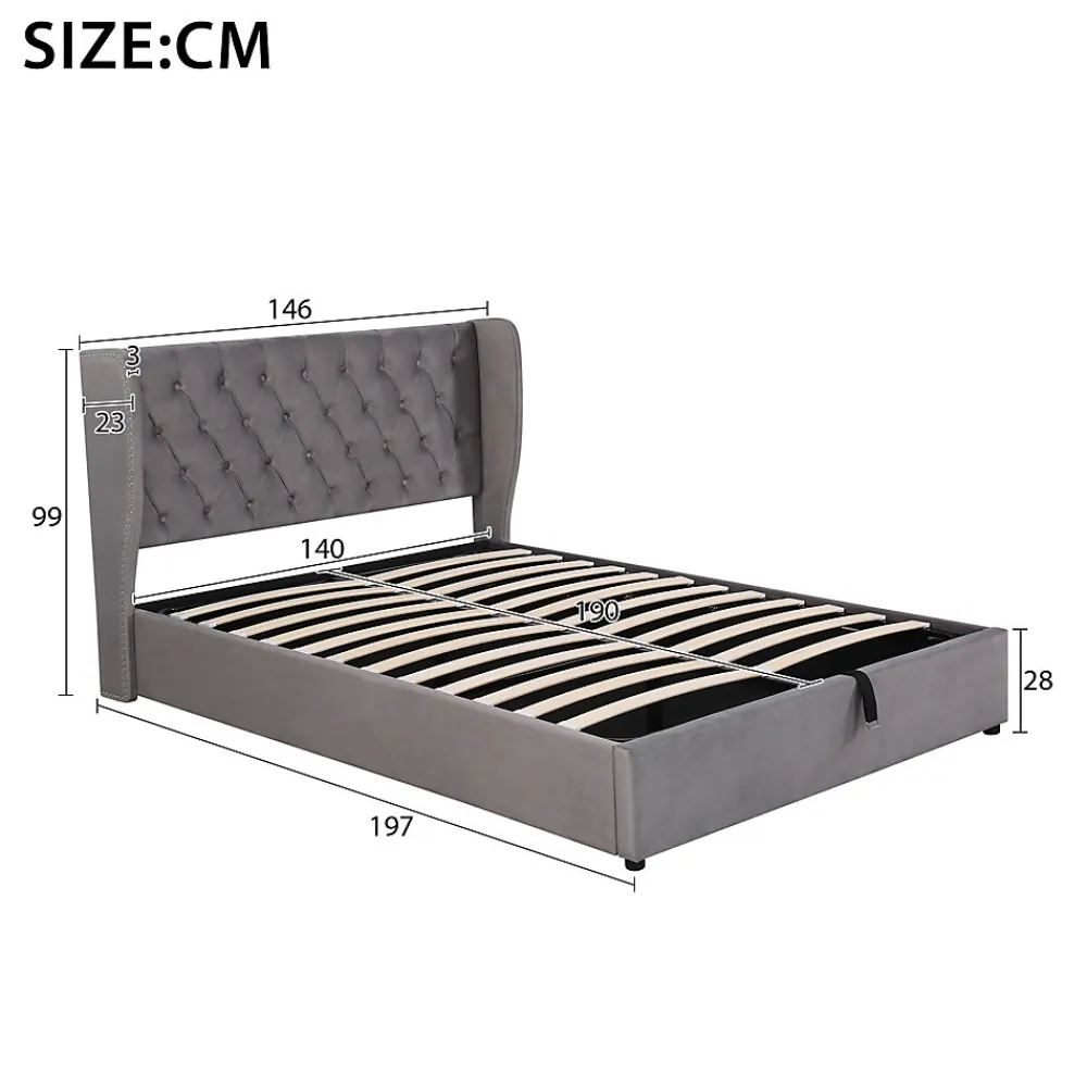 Lit coffre 140x190 cm - Lit double avec sommier à lattes et coffre hydraulique - Capitonné Velours - Sans Matelas - Gris>Okwish Hot