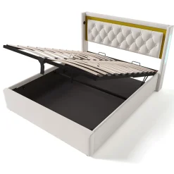 Okwish Lit coffre 160x200 cm - Lit double avec USB Type C et LED - Coton - Sans Matelas - Beige* Lit Coffre
